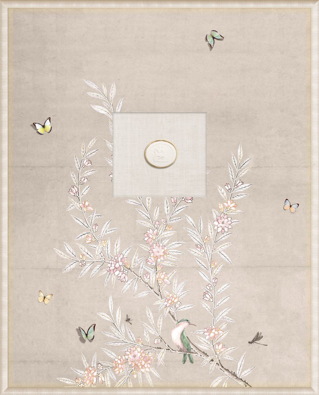 Grand Tour Intaglio – Spring Time Chinoiserie in Crème I, Form XI framed art print, 16.75 × 20.75 in