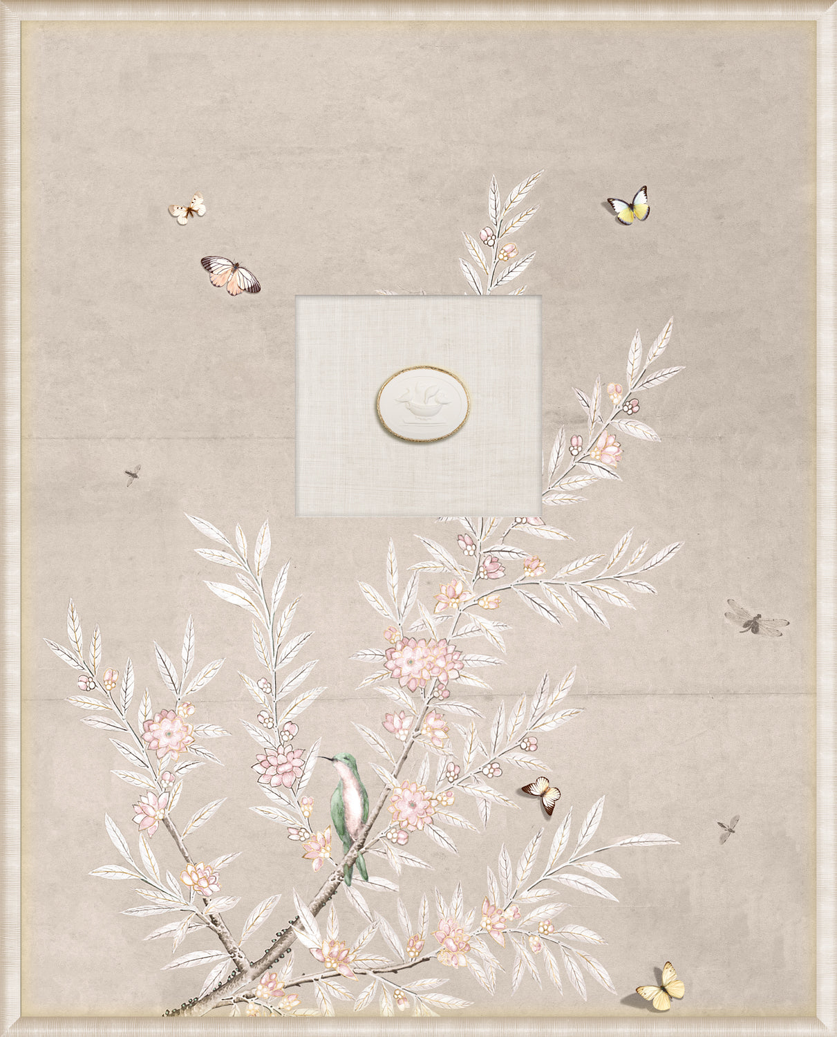 Grand Tour Intaglio – Spring Time Chinoiserie in Crème II, Form XII framed art print, 16.75 × 20.75 in