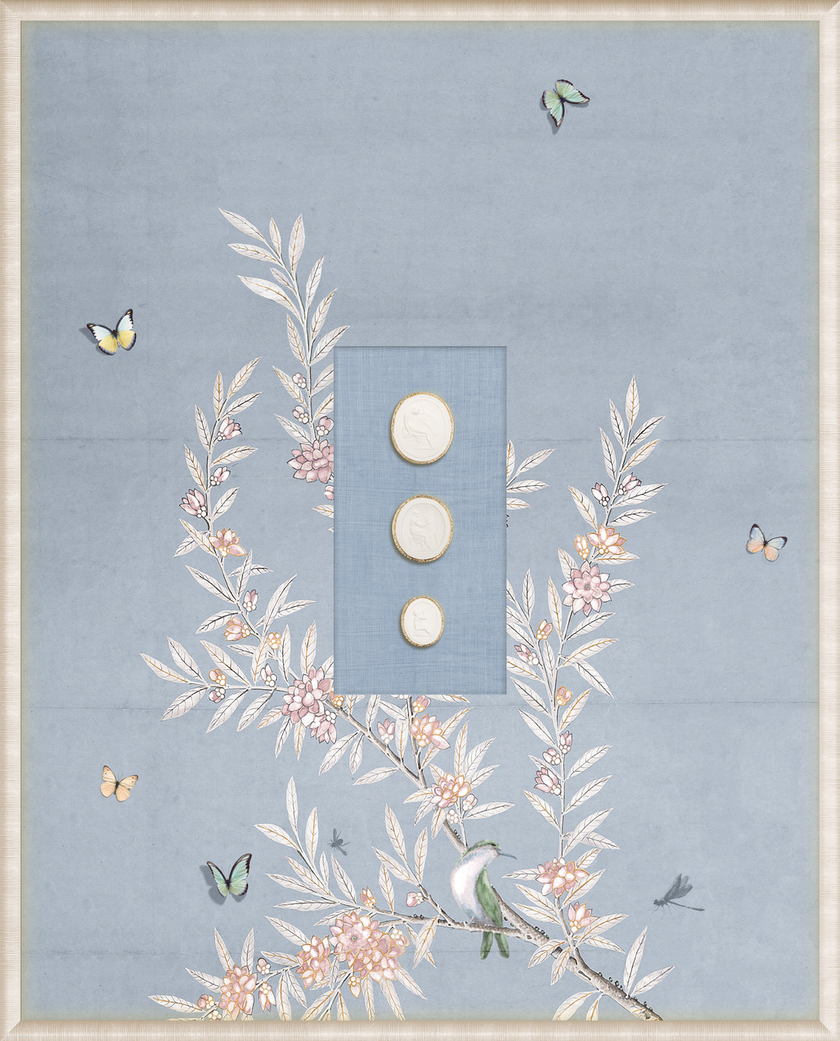 Grand Tour Intaglio – Spring Time Chinoiserie in Powder Blue I, Form IV framed art print, 16.75 × 20.75 in
