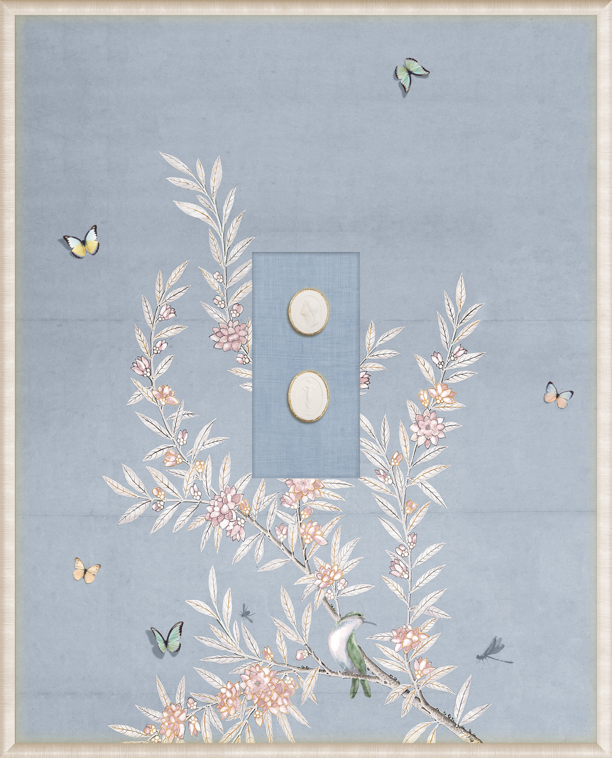 Grand Tour Intaglio – Spring Time Chinoiserie in Powder Blue I, Form X framed art print, 16.75 × 20.75 in
