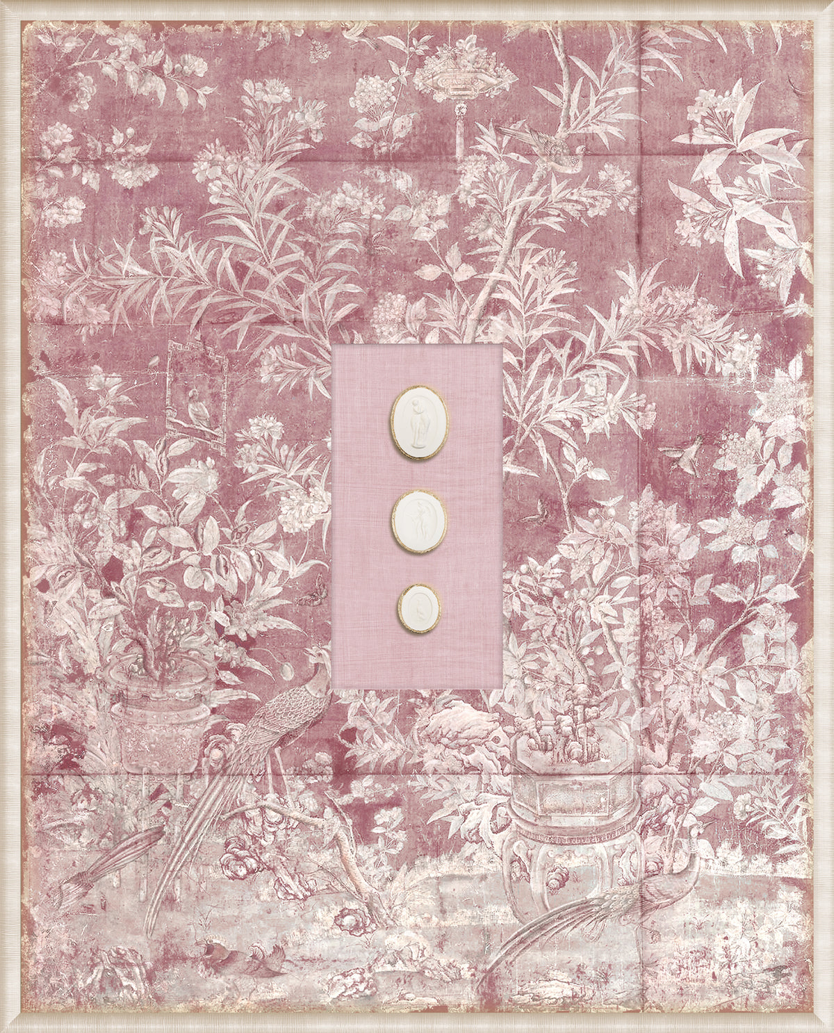 Grand Tour Intaglio – Blush Chinoiserie wall art featuring pink floral design and three cameo-style medallions.