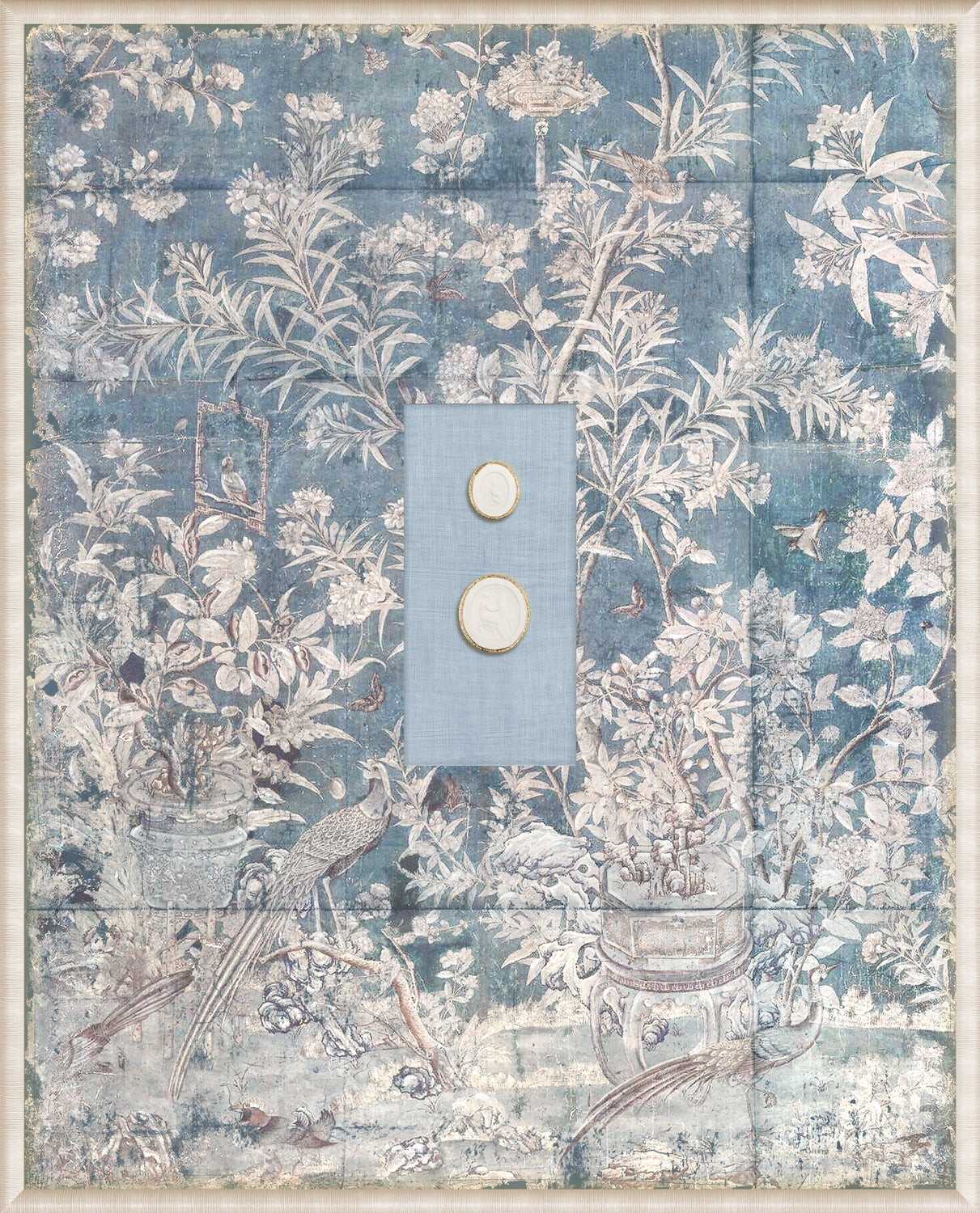 Grand Tour Intaglio – Powder Blue Chinoiserie wall art featuring floral patterns and birds on a powder blue background.