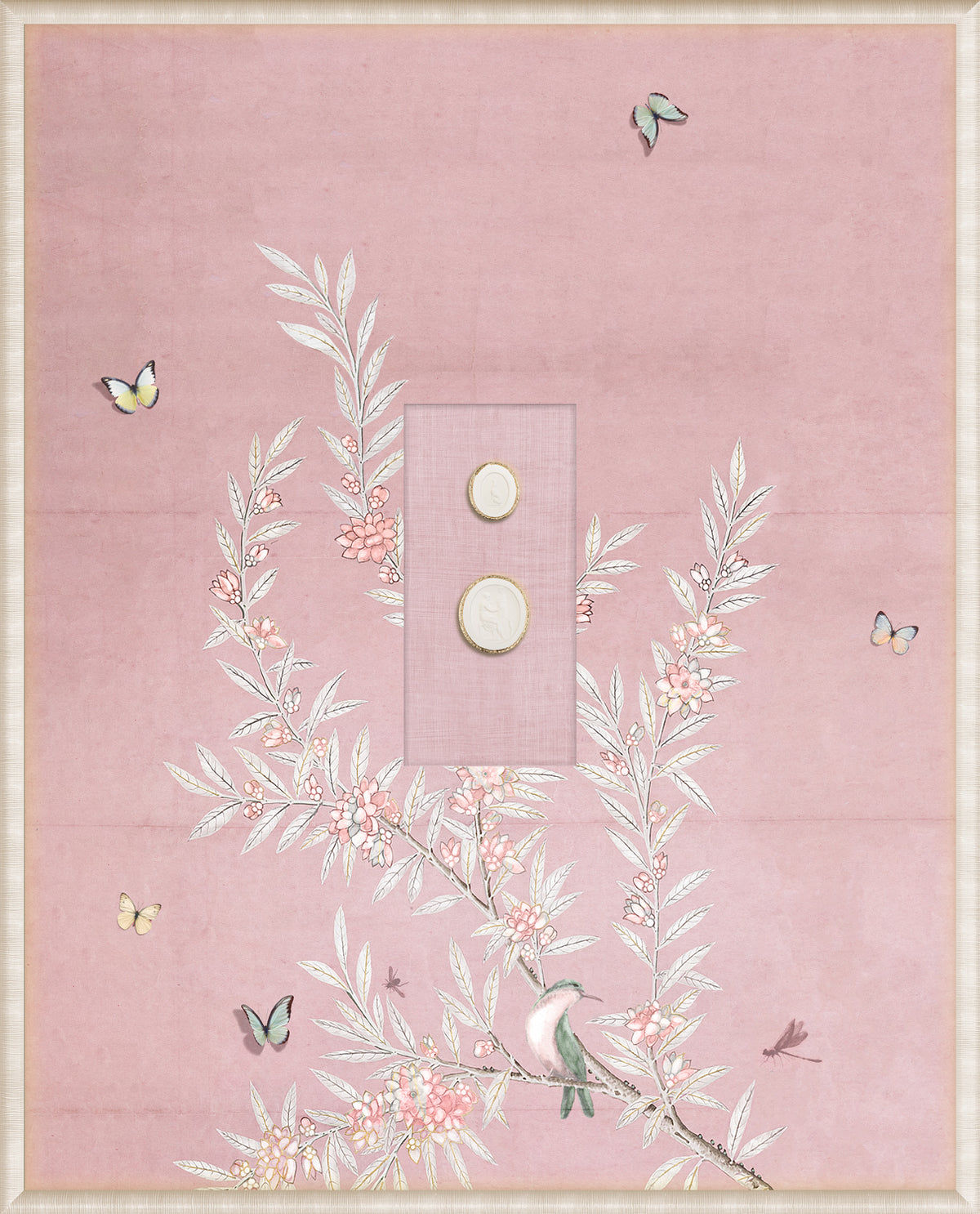Grand Tour Intaglio – Spring Time Chinoiserie in Blush I, pink wall art with floral design and butterflies.
