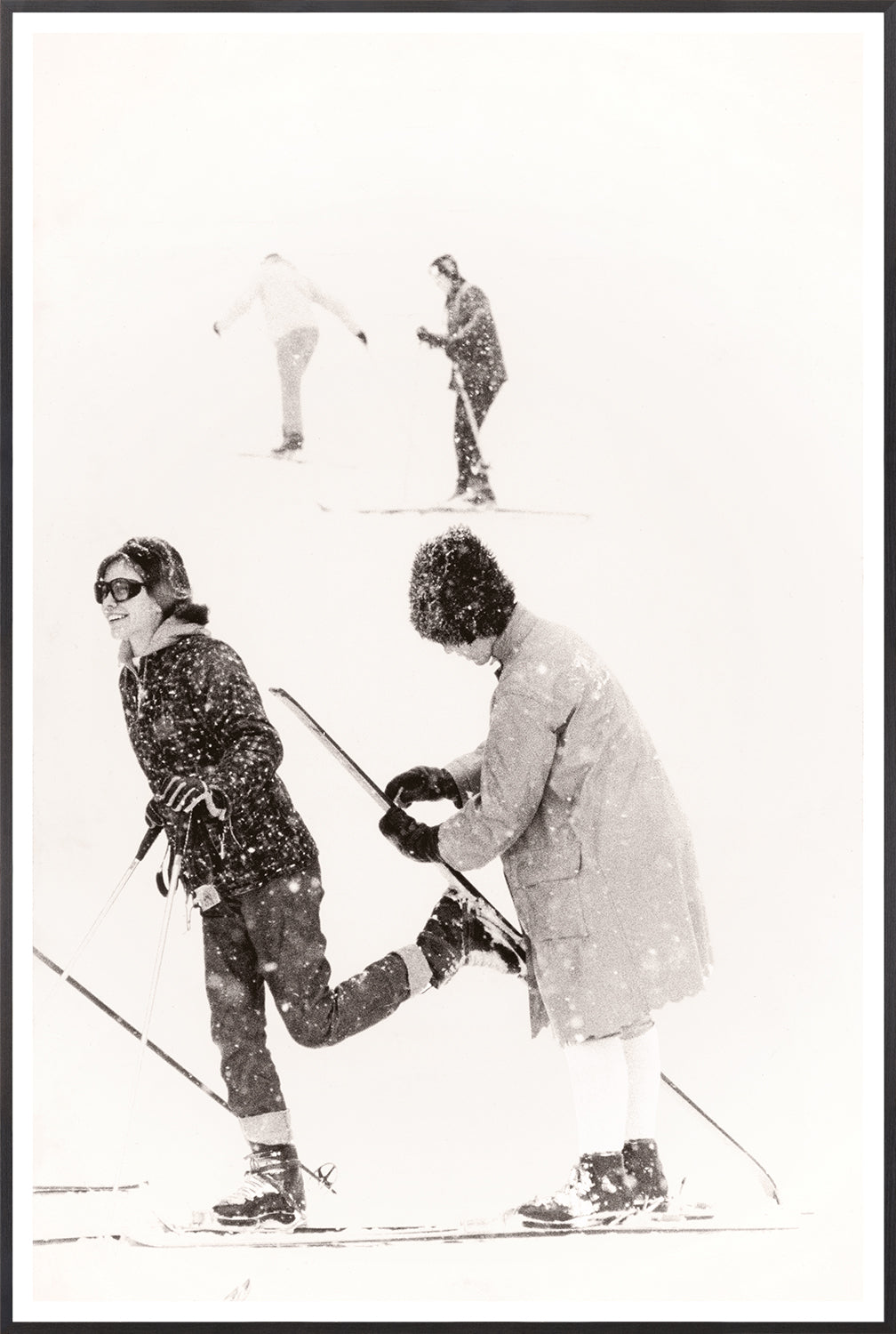 Ski Waxing C. 1966 wall art featuring skiers in snowy landscape, black and white photo.