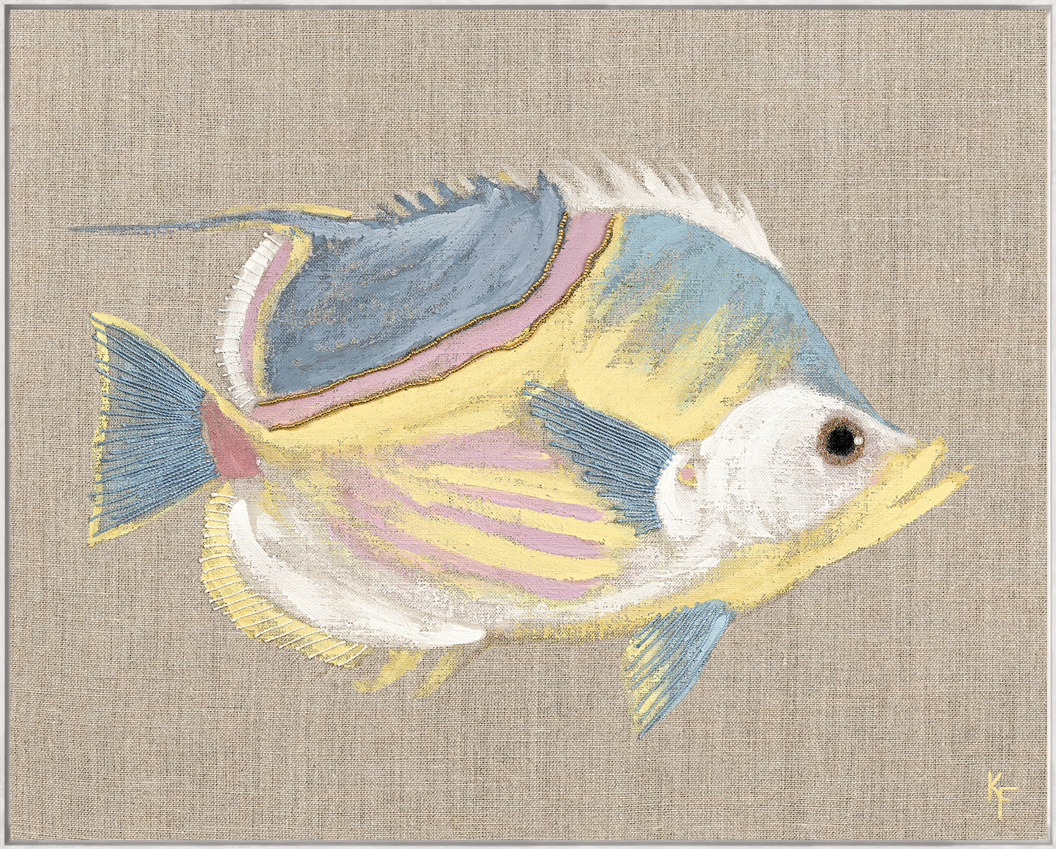 Poissons Tropicaux Sur Lin I wall art featuring a colorful tropical fish on a textured beige background.