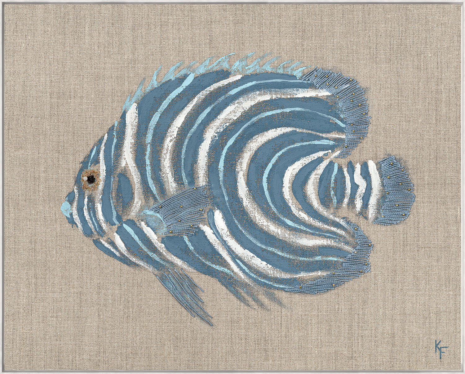 Poissons Tropicaux Sur Lin II wall art featuring a blue striped fish on a beige linen background.