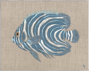 Poissons Tropicaux Sur Lin II wall art featuring a blue striped fish on a beige linen background.