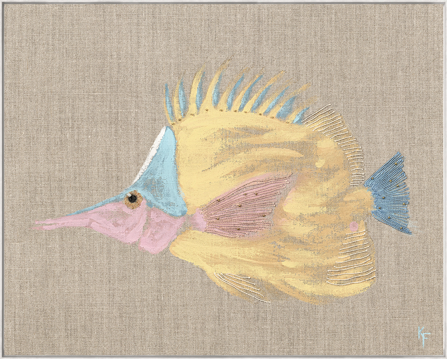 Poissons Tropicaux Sur Lin VI wall art featuring a colorful fish on a textured beige background