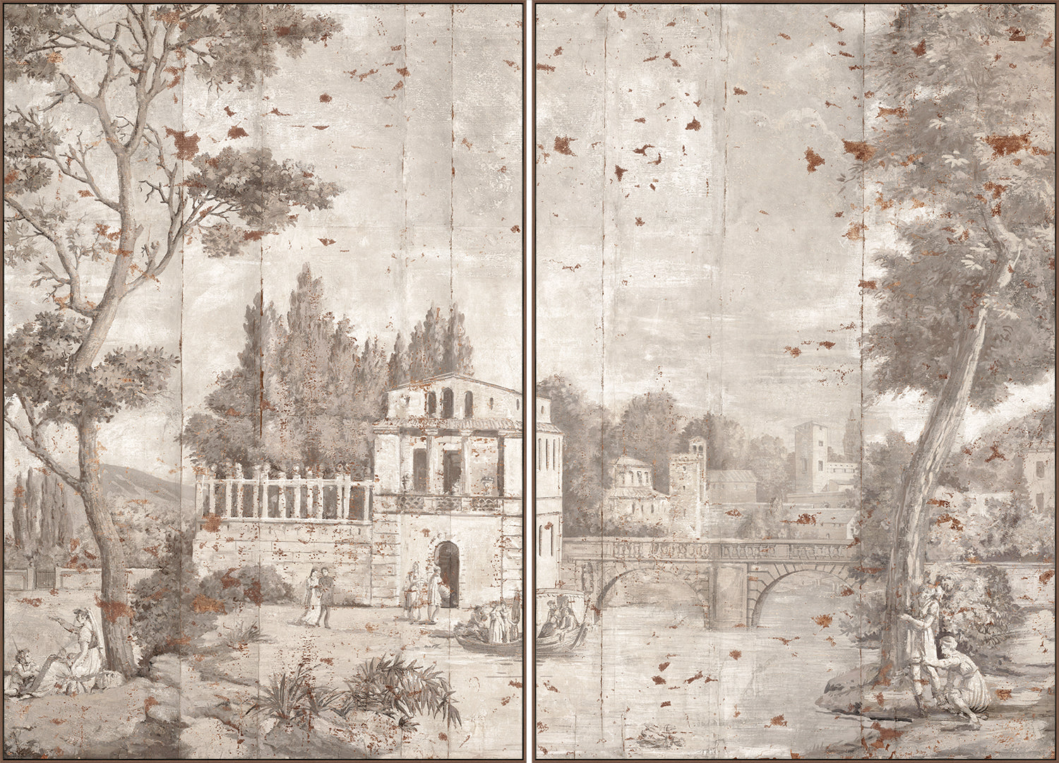 Italian Scenic C. 1852 diptych wall art featuring a serene landscape with buildings and trees.