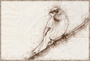 Nature Sketch – Grosbeak wall art featuring a detailed bird illustration in brown ink on a light background.