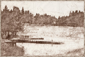 Nature Sketch – Dock wall art featuring a sepia-toned landscape with trees and a dock.