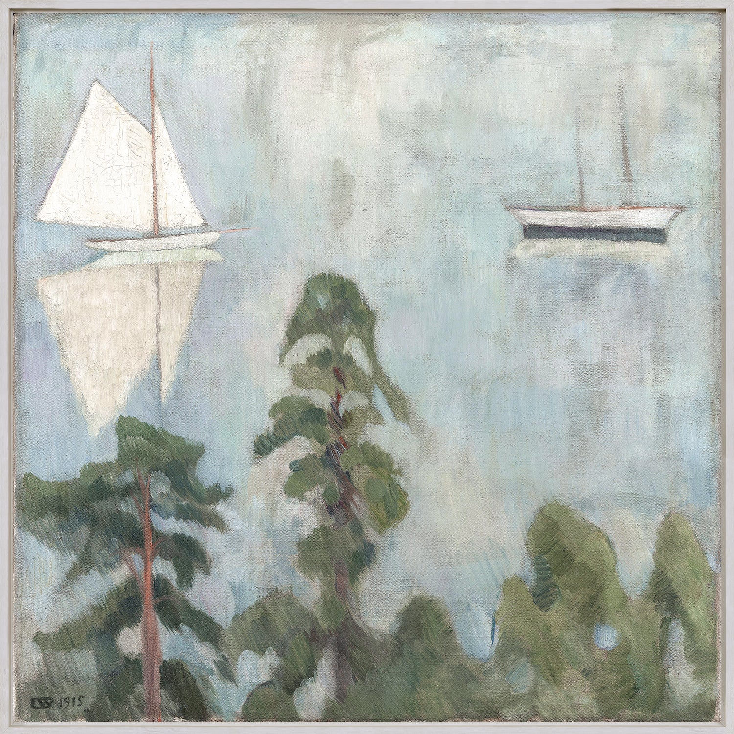 Scenic Prospect C. 1915 wall art featuring a serene landscape with sailboats and trees, soft colors.