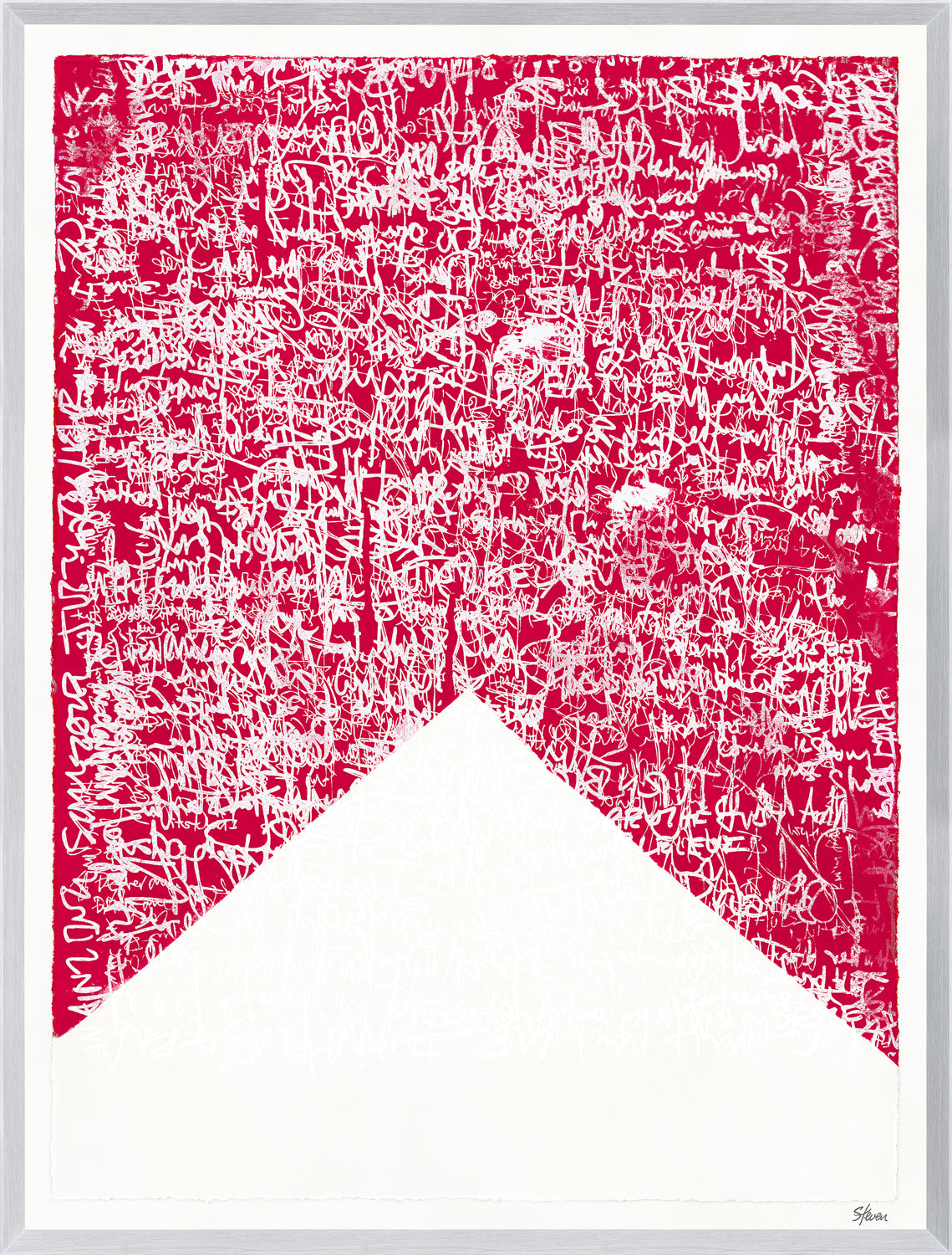 Fair Winds and Following Seas II features a vibrant red background with white abstract text patterns and a white triangular shape.
