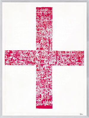 Fair Winds and Following Seas IV, abstract wall art featuring a large pink cross with white text patterns on a white background, framed in silver.