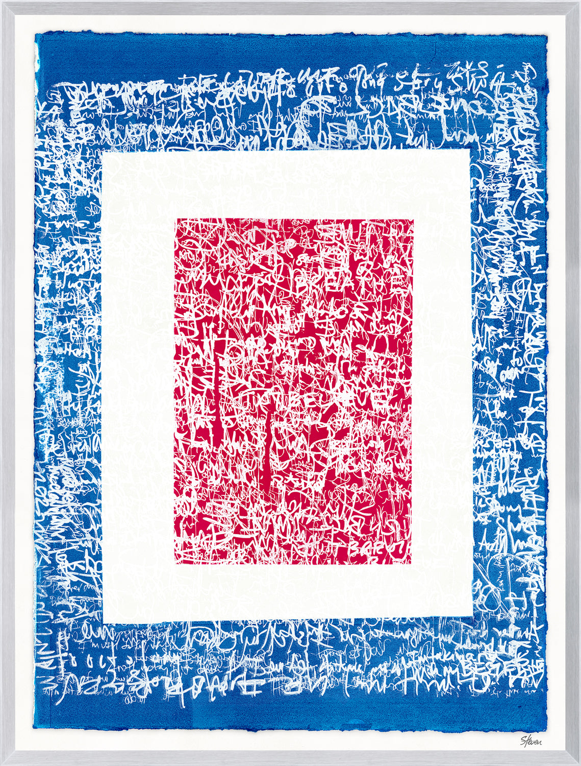 Fair Winds and Following Seas V, abstract wall art with blue and white patterns surrounding a red center, framed in silver.