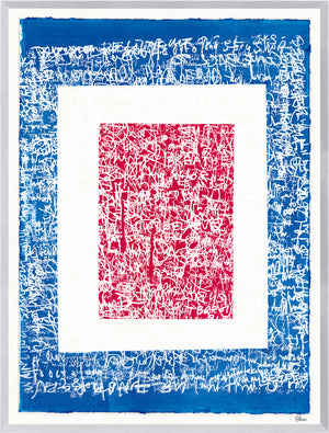 Fair Winds and Following Seas V, abstract wall art with blue and white patterns surrounding a red center, framed in silver.