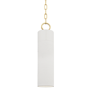 Brookville Pendant in aged brass shown from the front to reveal the shade shape and metal detail.