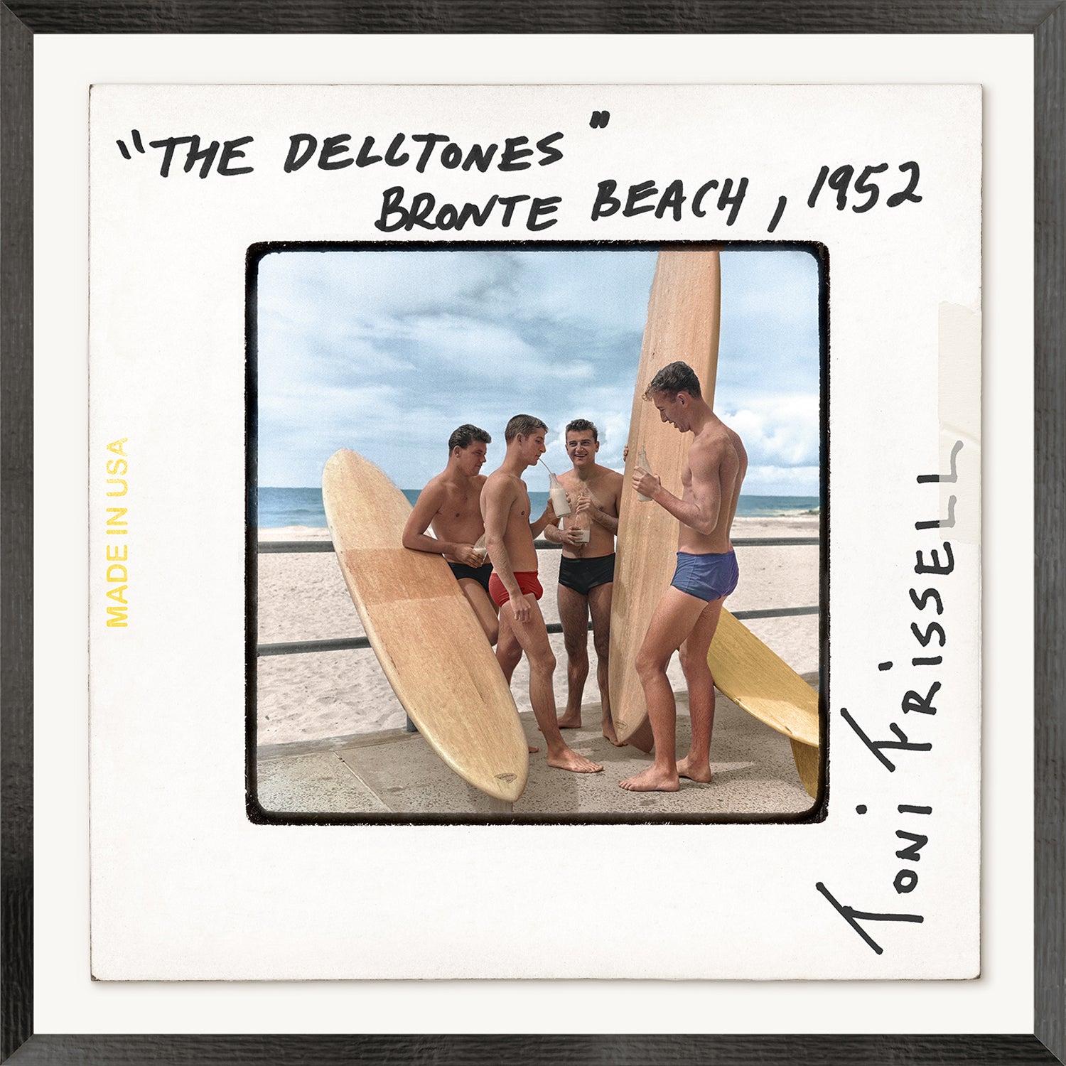 Toni Frissell Slides, “The Delltones” Bronte Beach, 1952 featuring four young men with surfboards on the beach.