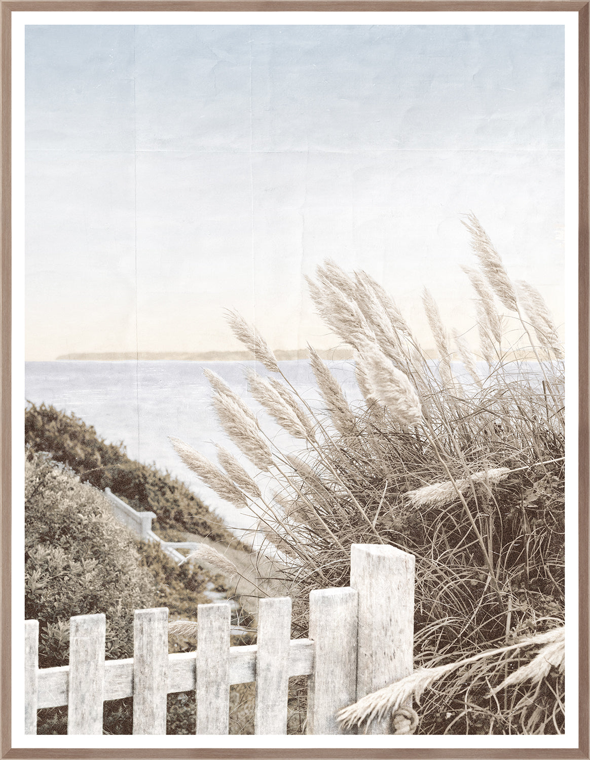 Bay Prospect I wall art featuring a serene coastal scene with tall grass and a wooden fence.
