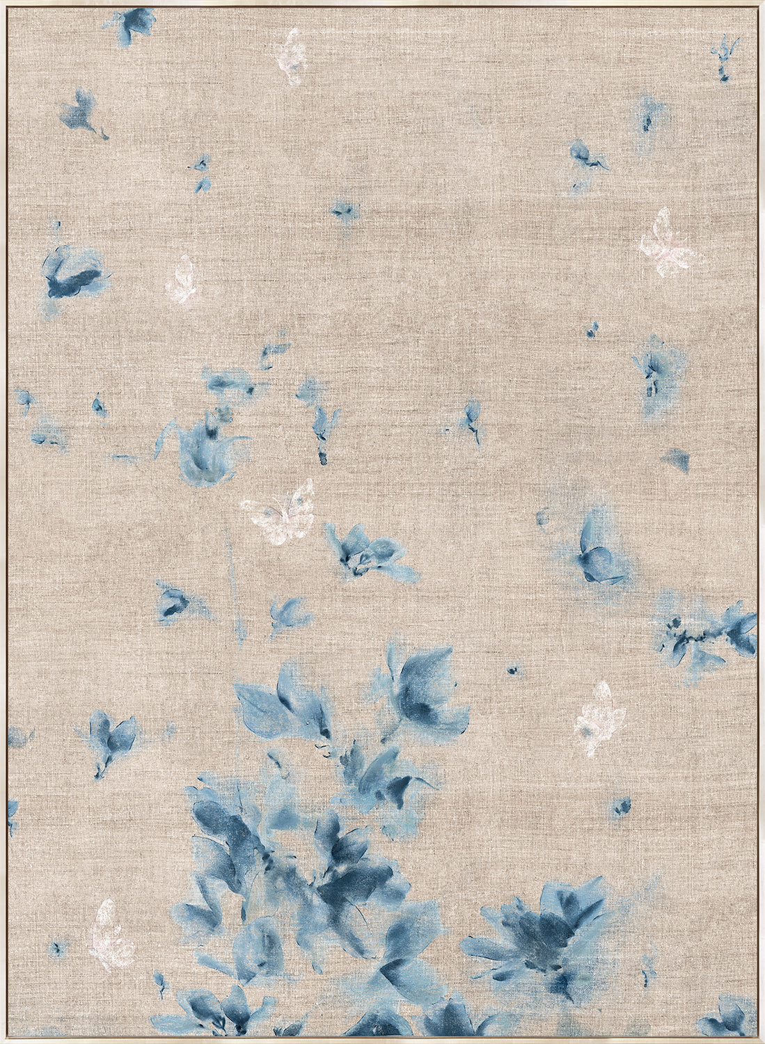 Bonnabel I wall art featuring blue floral patterns on a textured beige background