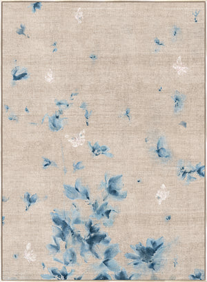 Bonnabel I wall art featuring blue floral patterns on a textured beige background