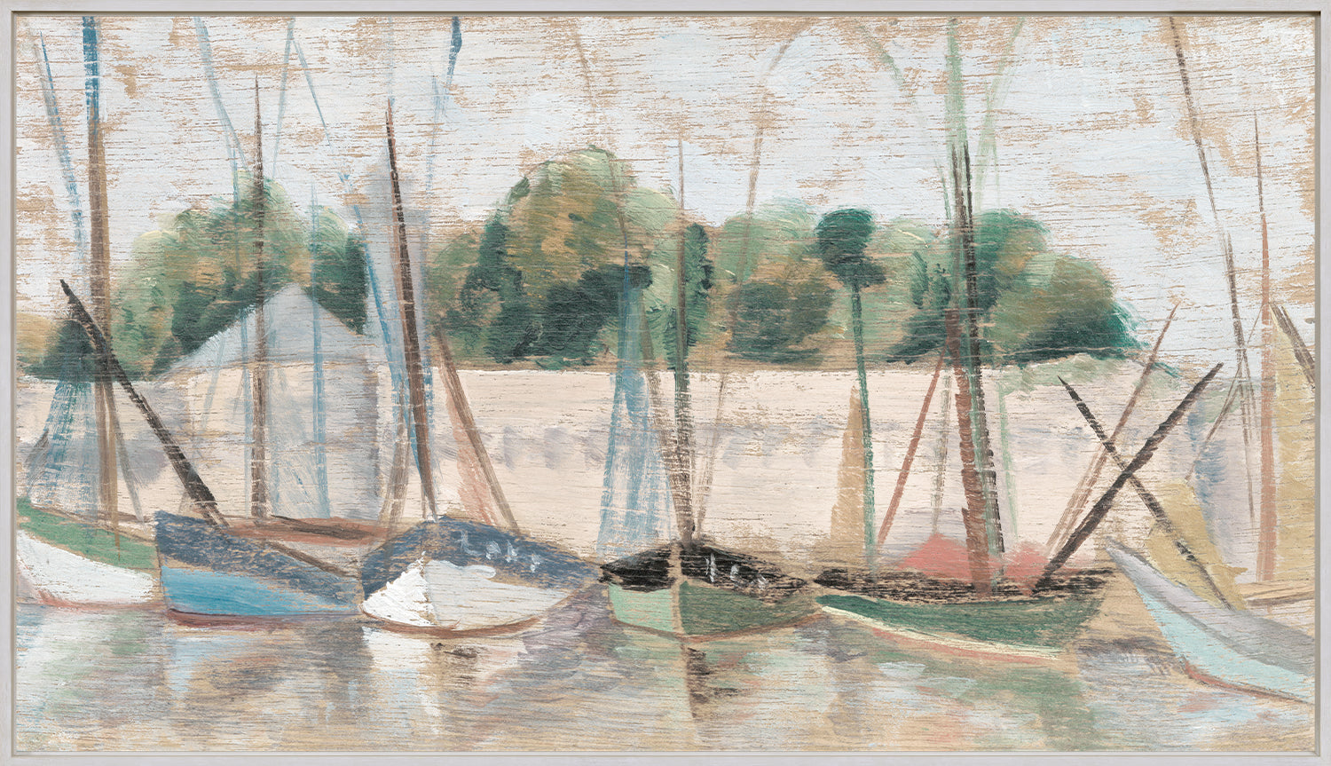 Panel Harbour wall art featuring boats in muted colors with a textured background