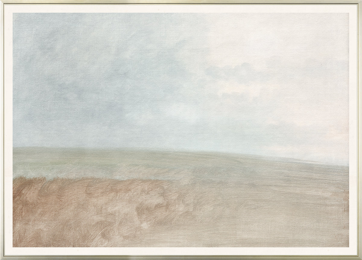Pastel Sea View I wall art featuring soft hues of blue and beige in a serene landscape