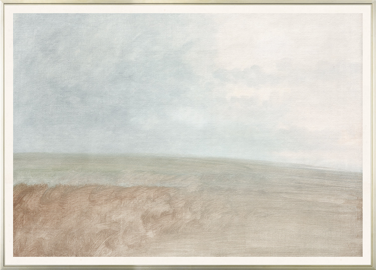 Pastel Sea View I wall art featuring soft hues of blue and beige in a serene landscape
