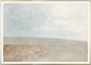 Pastel Sea View I wall art featuring soft hues of blue and beige in a serene landscape