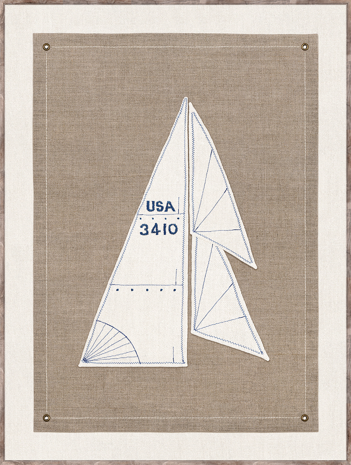 Set Sail II wall art featuring a sail design on a textured beige background with blue stitching details.