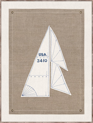Set Sail II wall art featuring a sail design on a textured beige background with blue stitching details.