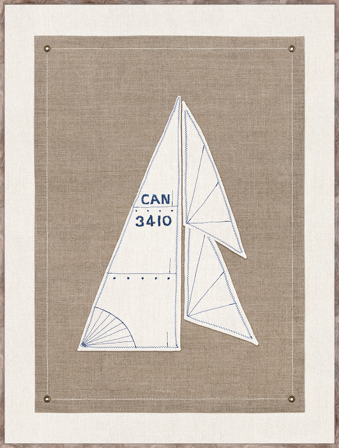Set Sail II wall art featuring a sail design on a textured beige background with blue stitching details.