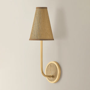 Buskirk Wall Sconce 5.5" in aged brass shown from a second angle to highlight the arm curve and shade silhouette.