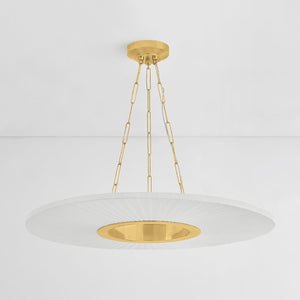 Prattsburgh Chandelier 40" in aged brass shown from a second angle to highlight the frame, arms, and shade detail.