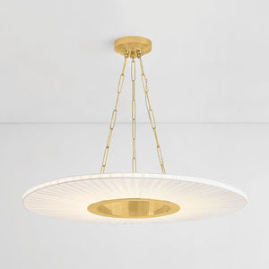 Prattsburgh Chandelier 40" in aged brass shown from the front to reveal the frame, arms, and shade detail.