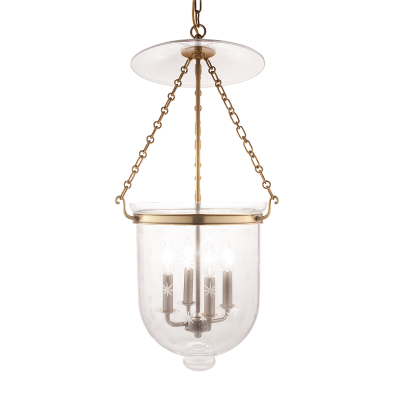 Hampton Pendant 14.5" x 30.75" in aged brass — a Hudson Valley pendant for kitchens, entries, and dining rooms at Laurie Yapp Home.