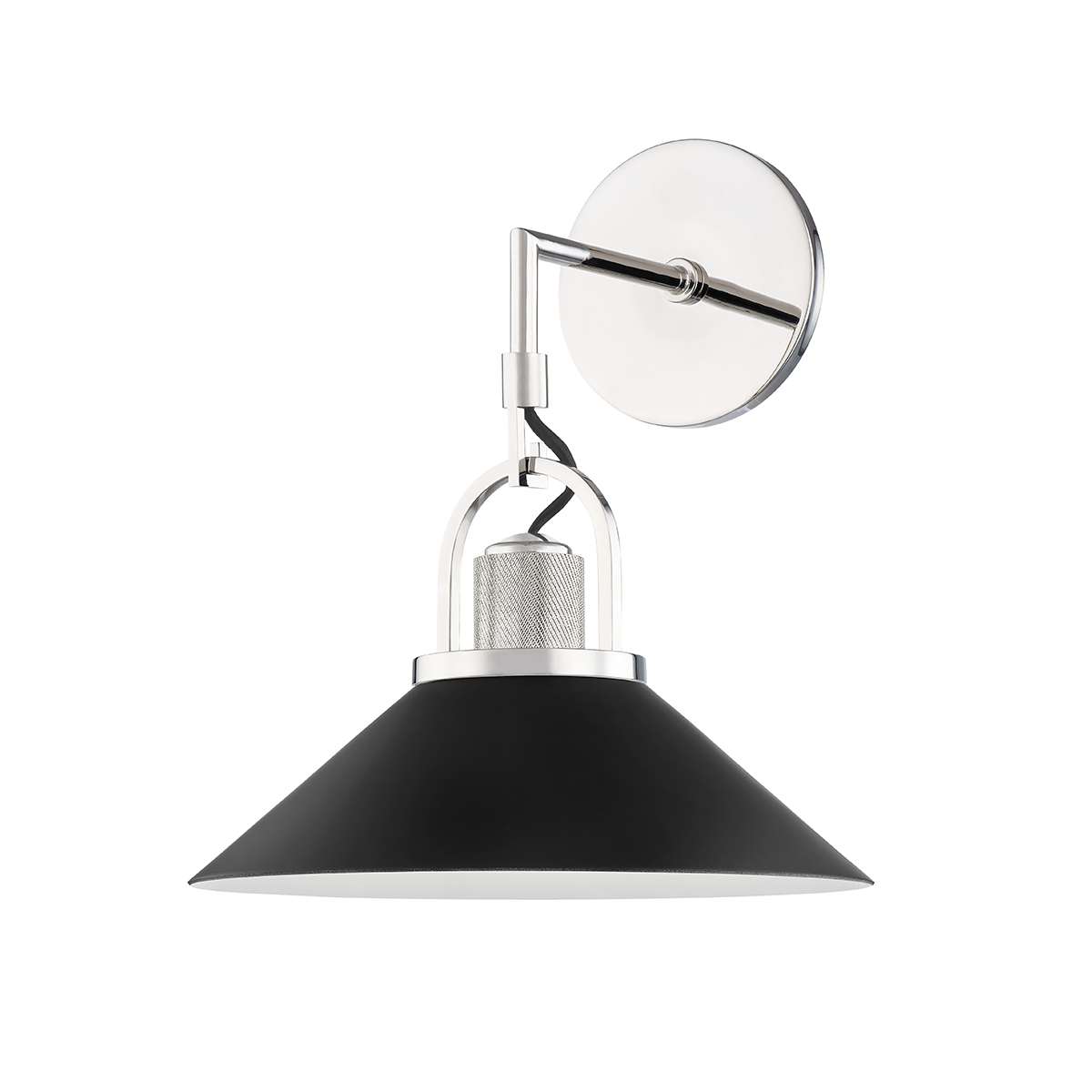 Syosset Wall Sconce in polished nickel shown from the front to reveal the arm curve and shade silhouette.