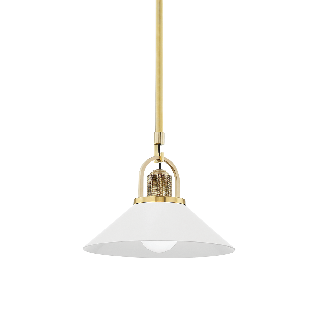 Syosset Pendant 12" in aged brass shown from a second angle to highlight the shade shape and metal detail.