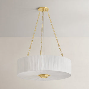 Camby Chandelier in aged brass shown from the front to reveal the frame, arms, and shade detail.