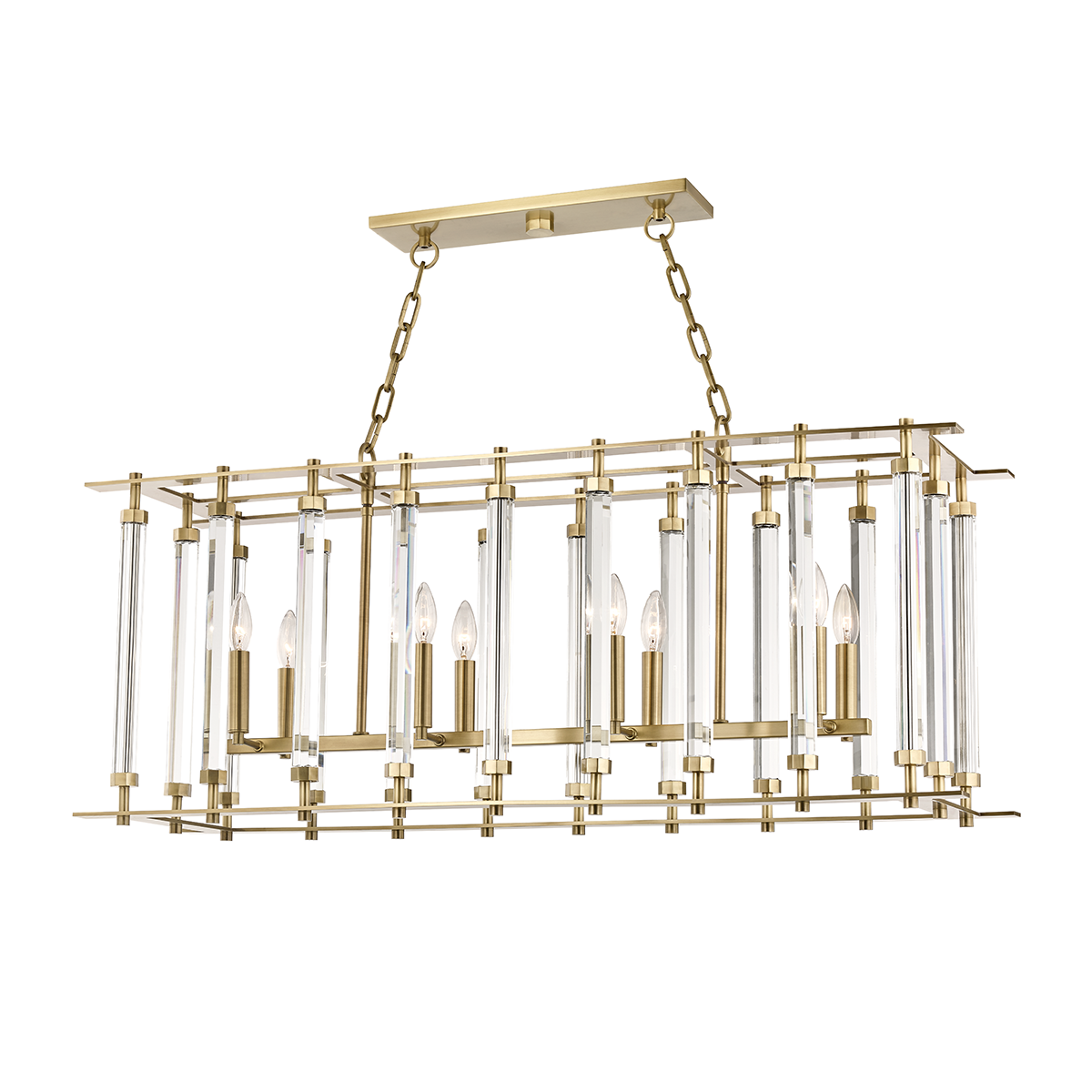 Haddon Linear in aged brass — a Hudson Valley linear for dining rooms, kitchen islands, and long consoles at Laurie Yapp Home.