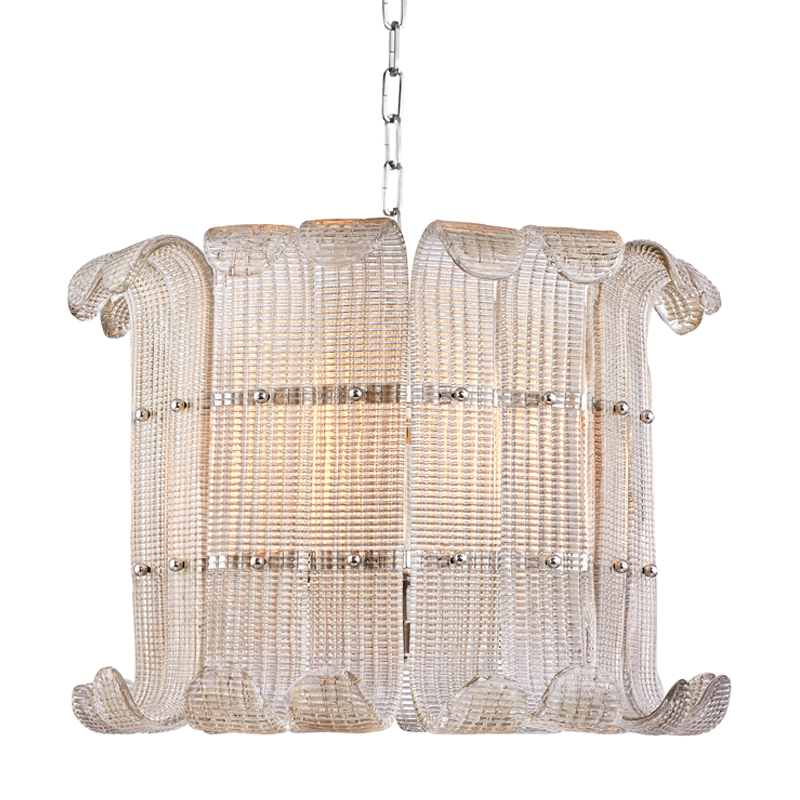 Brasher Chandelier in polished nickel shown from a second angle to highlight the frame, arms, and shade detail.
