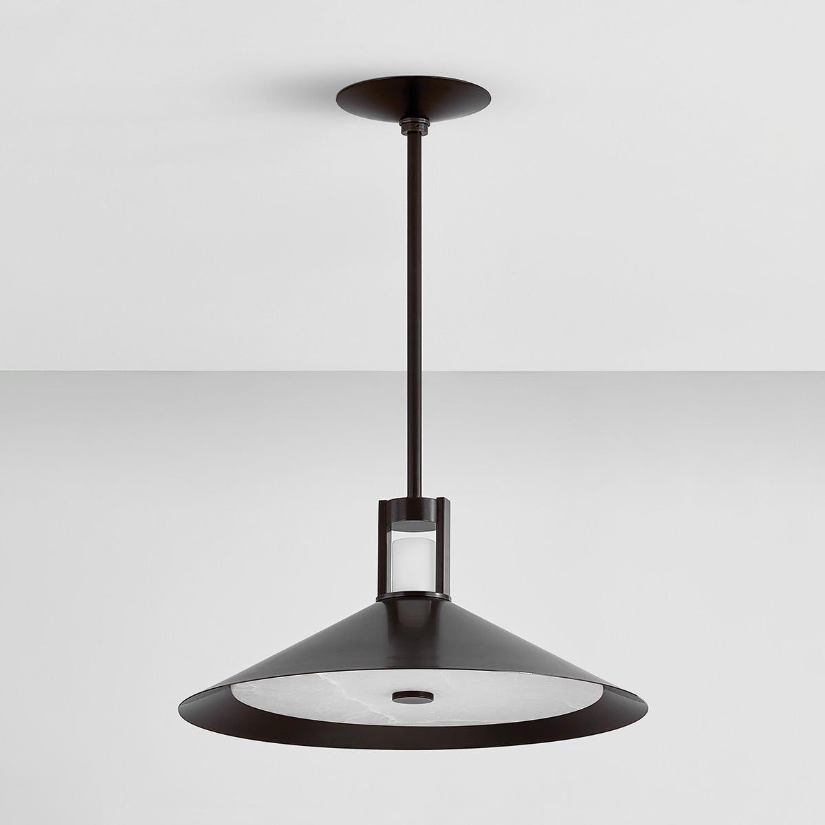 Close-up of the Clermont Pendant 20" in dark bronze showing the shade shape and metal detail.