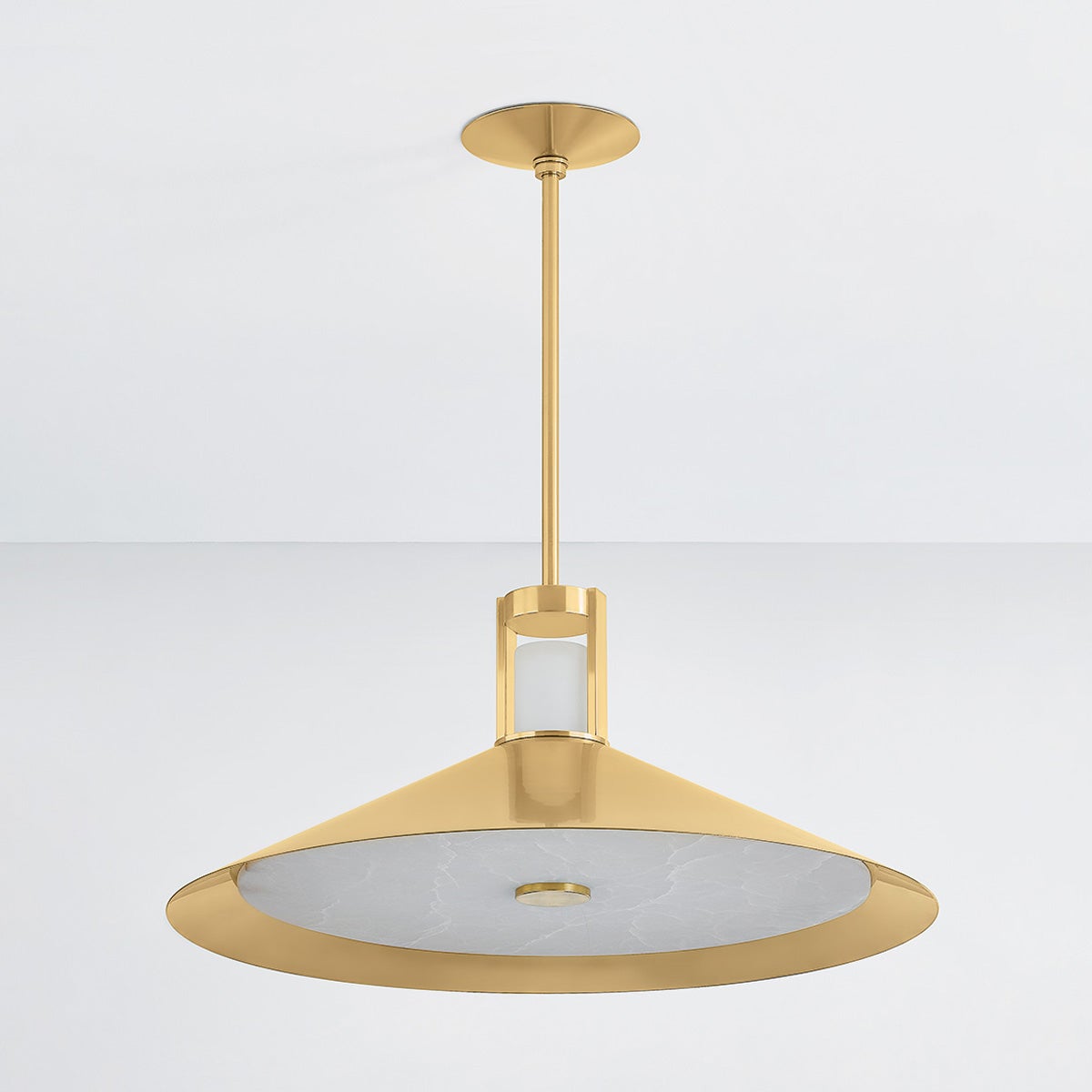 Clermont Pendant 28" in aged brass shown from the front to reveal the shade shape and metal detail.