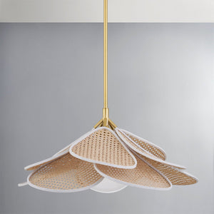 Florina Pendant 28" in aged brass shown from a second angle to highlight the shade shape and metal detail.