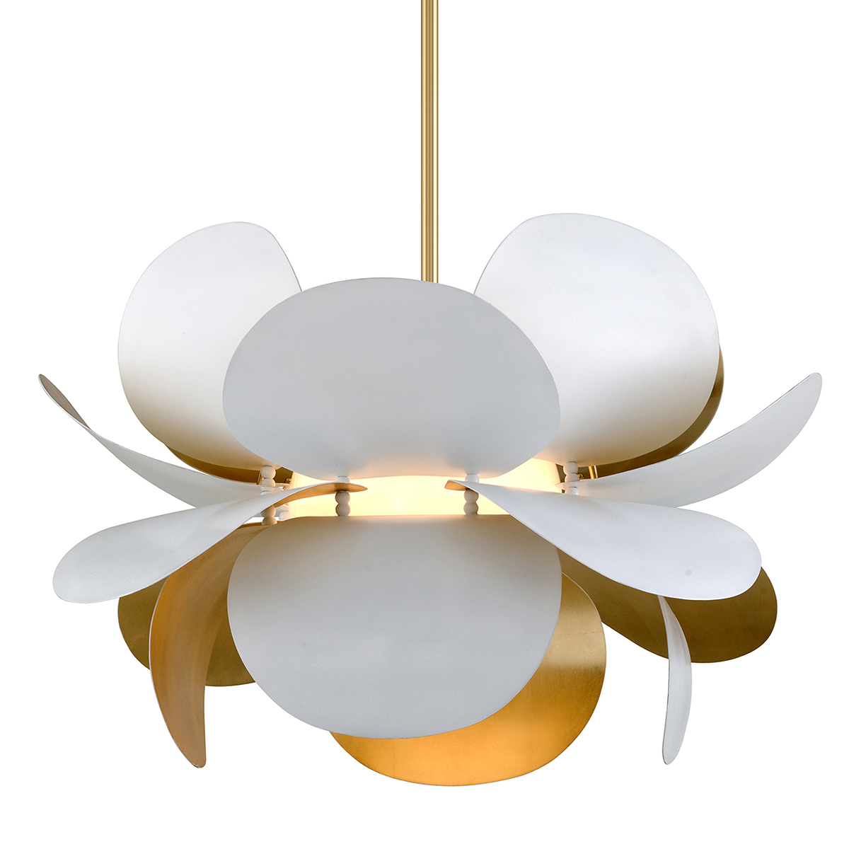 Ginger Chandelier 34.5" x 22.25" in Gold Leaf and Soft White — a Corbett chandelier for dining rooms, entries, and living rooms at Laurie Yapp Home.