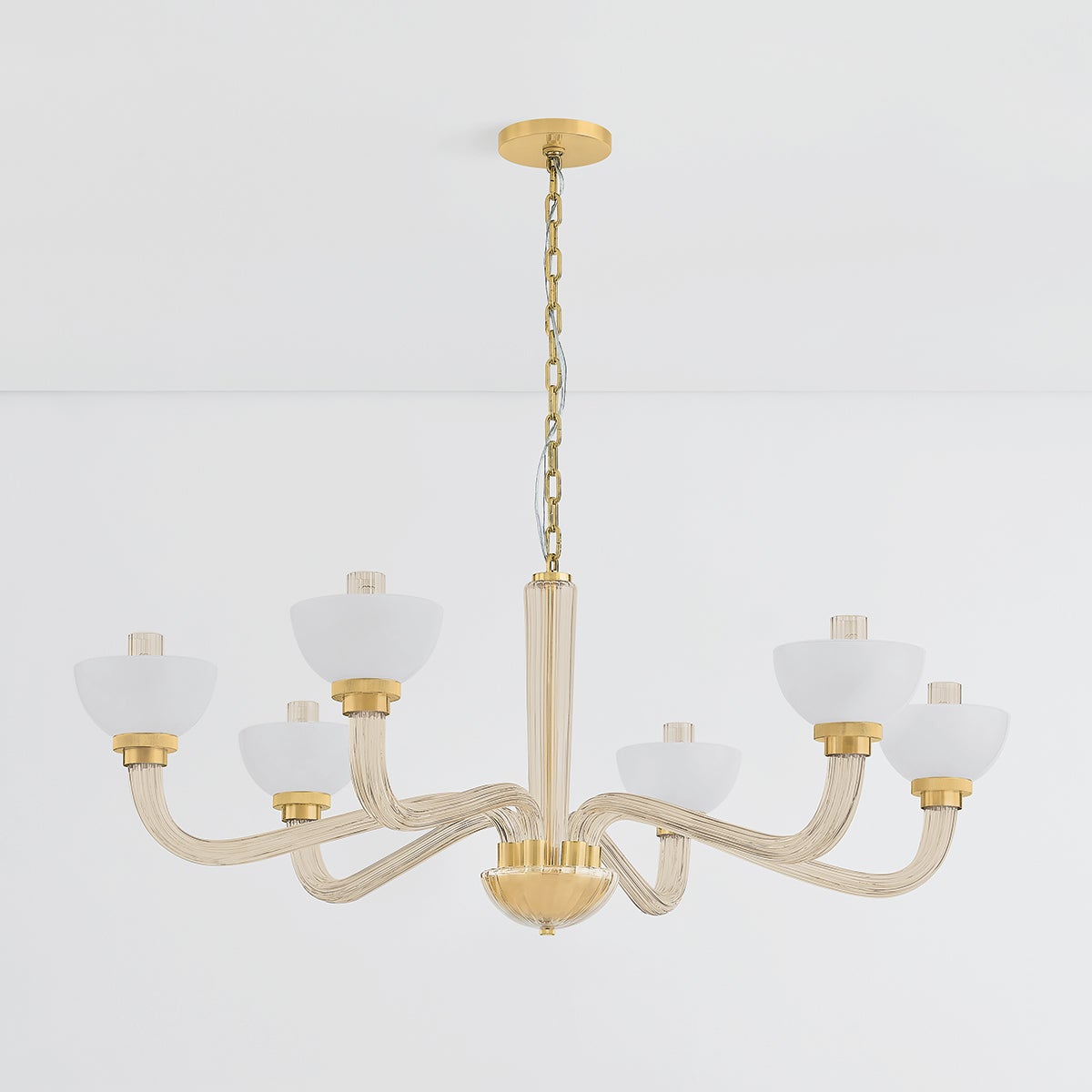 St. Lawrence Chandelier 48.5" in aged brass shown from a second angle to highlight the frame, arms, and shade detail.