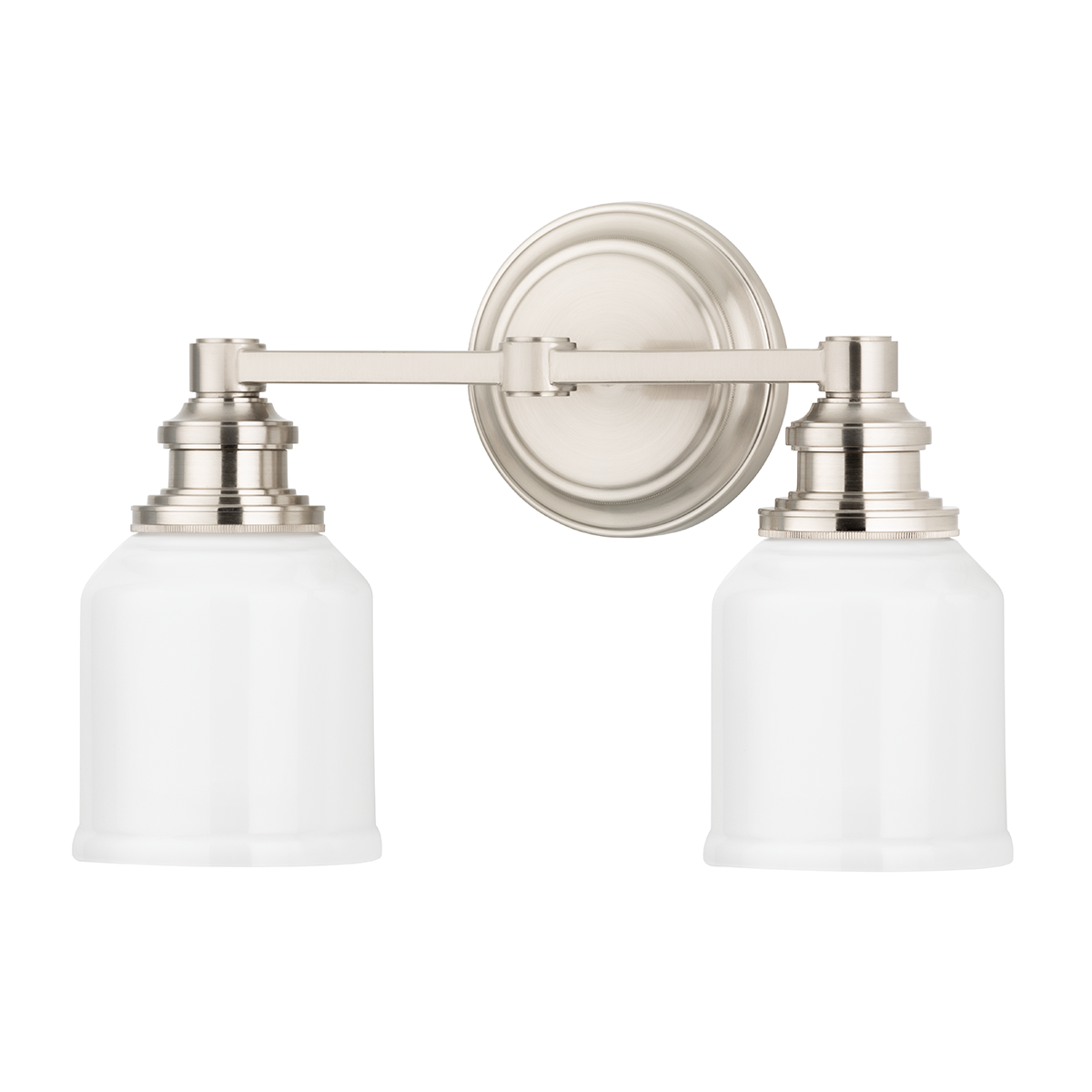 Windham Bath And Vanity 14.25" in satin nickel shown from a second angle to highlight the arm spread and shade silhouette.