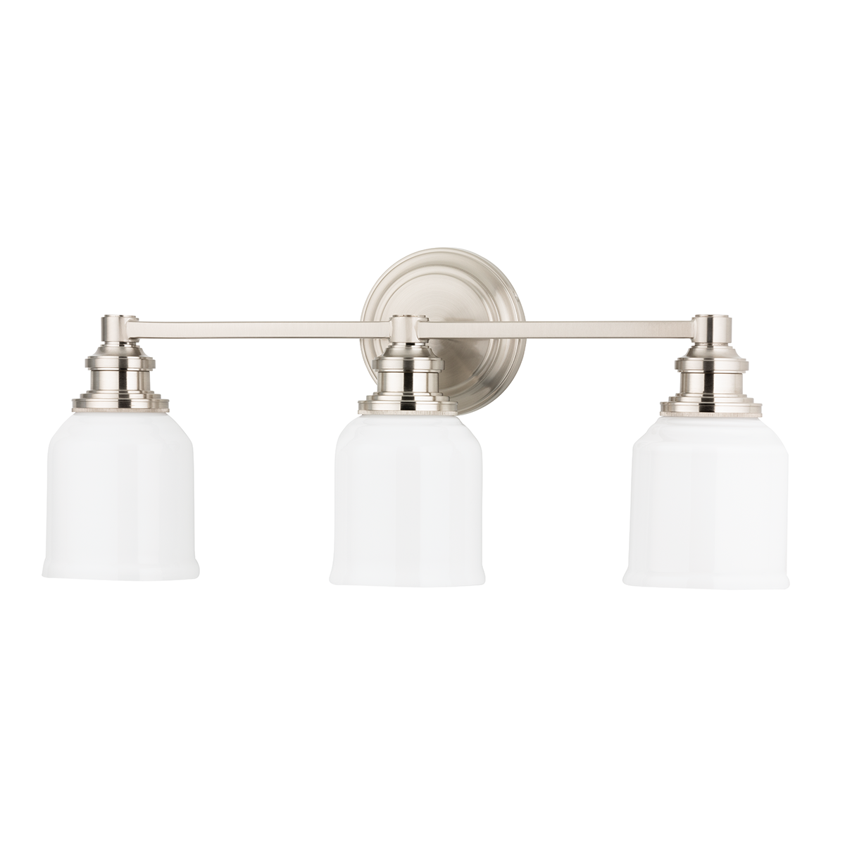 Windham Bath And Vanity 22.5" in satin nickel shown from a second angle to highlight the arm spread and shade silhouette.