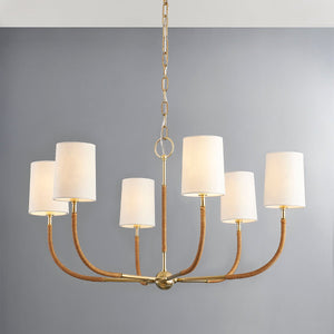 Webson Chandelier in aged brass shown from the front to reveal the frame, arms, and shade detail.