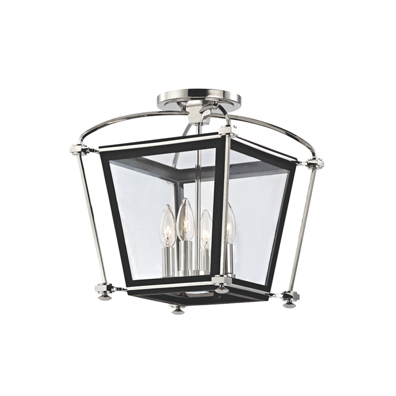 Hollis Semi Flush in Aged Brass shown from a second angle to highlight the shade profile and mounting canopy.